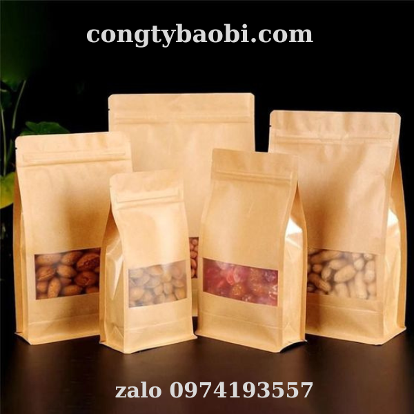 Túi zip đáy đứng giấy Kraft 8 cạnh có cửa sổ đựng hạt, ngũ cốc